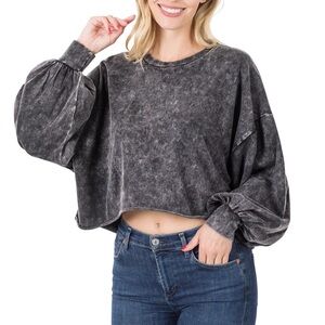 Zenana black mineral wash cropped shirt
